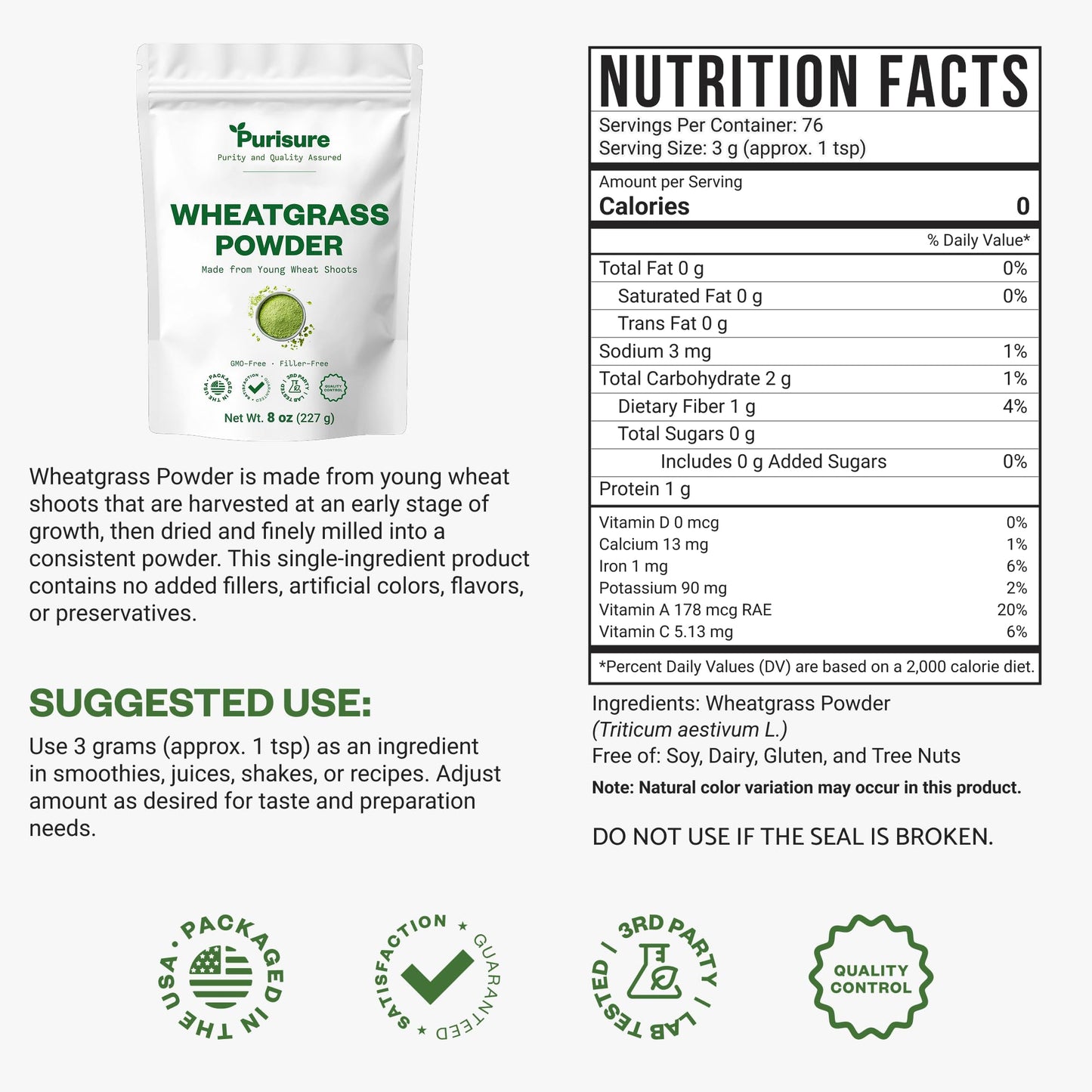 Purisure Wheatgrass Powder, 8oz, Wheat Grass Powder, Green Superfood for Salads, Smoothie and Shakes, Superfood Powder Rich in Immunity Vitamins, Fiber and Minerals, 76 Servings - dailyvitalstore