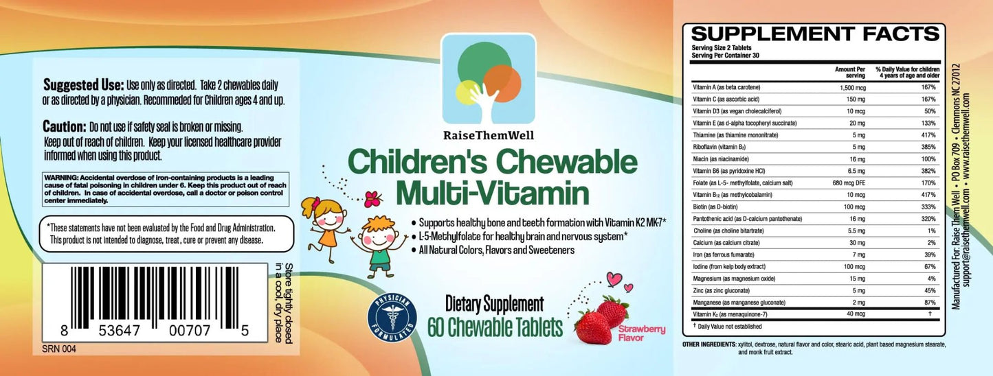 Raise Them Well Tasty Chewable Kids Multivitamin, All-Natural Colors, Flavors & Sweeteners, Daily Essential Vitamins for Children, Easy-to-Chew Vitamins, Strawberry - dailyvitalstore