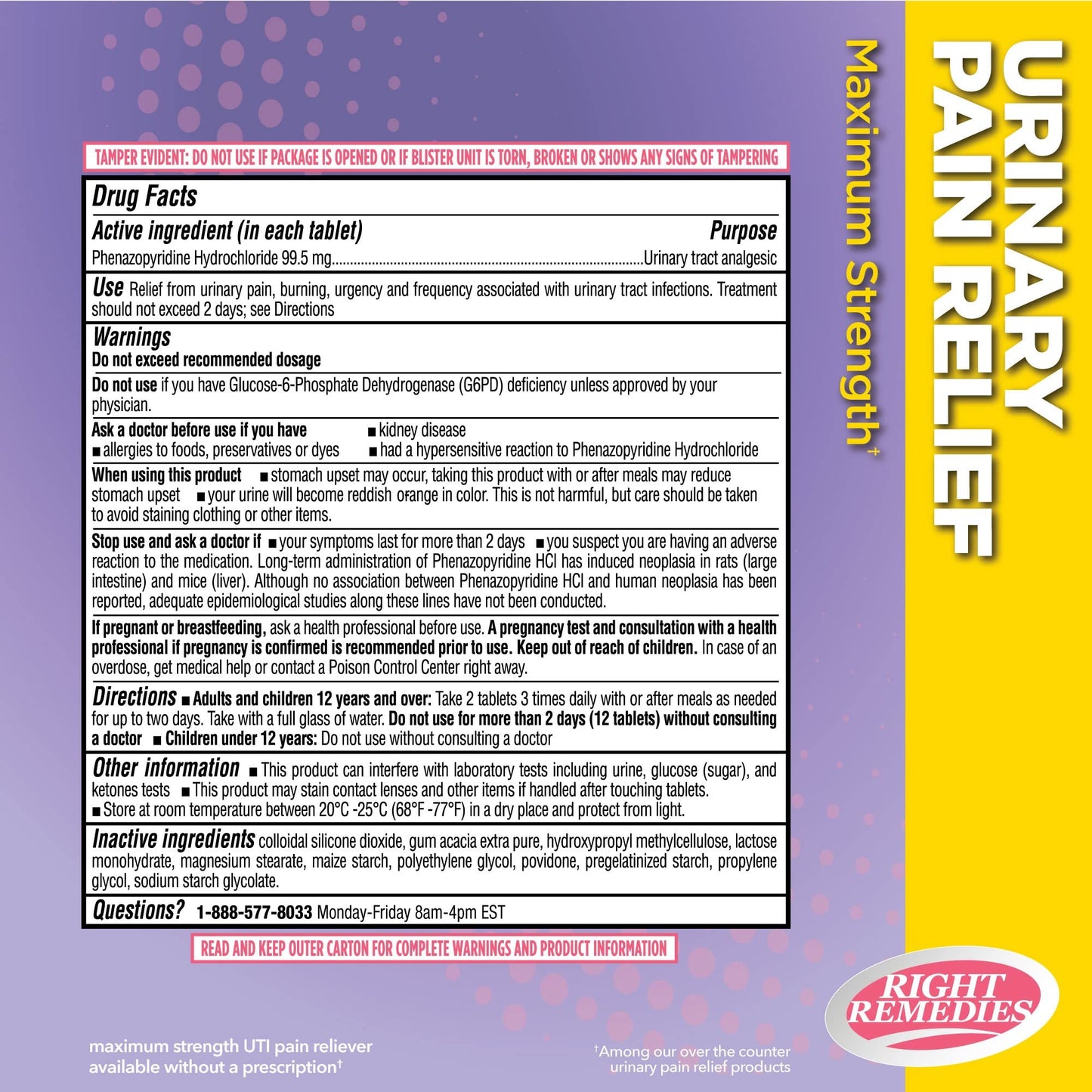 RIGHT REMEDIES Urinary Pain Relief Phenazopyridine HCl 99.5mg Tablets | Maximum Strength OTC for Fast Relief of UTI Pain, Burning and Bladder discomfort | Generic AZO Maximum Strength (72 Count) - dailyvitalstore