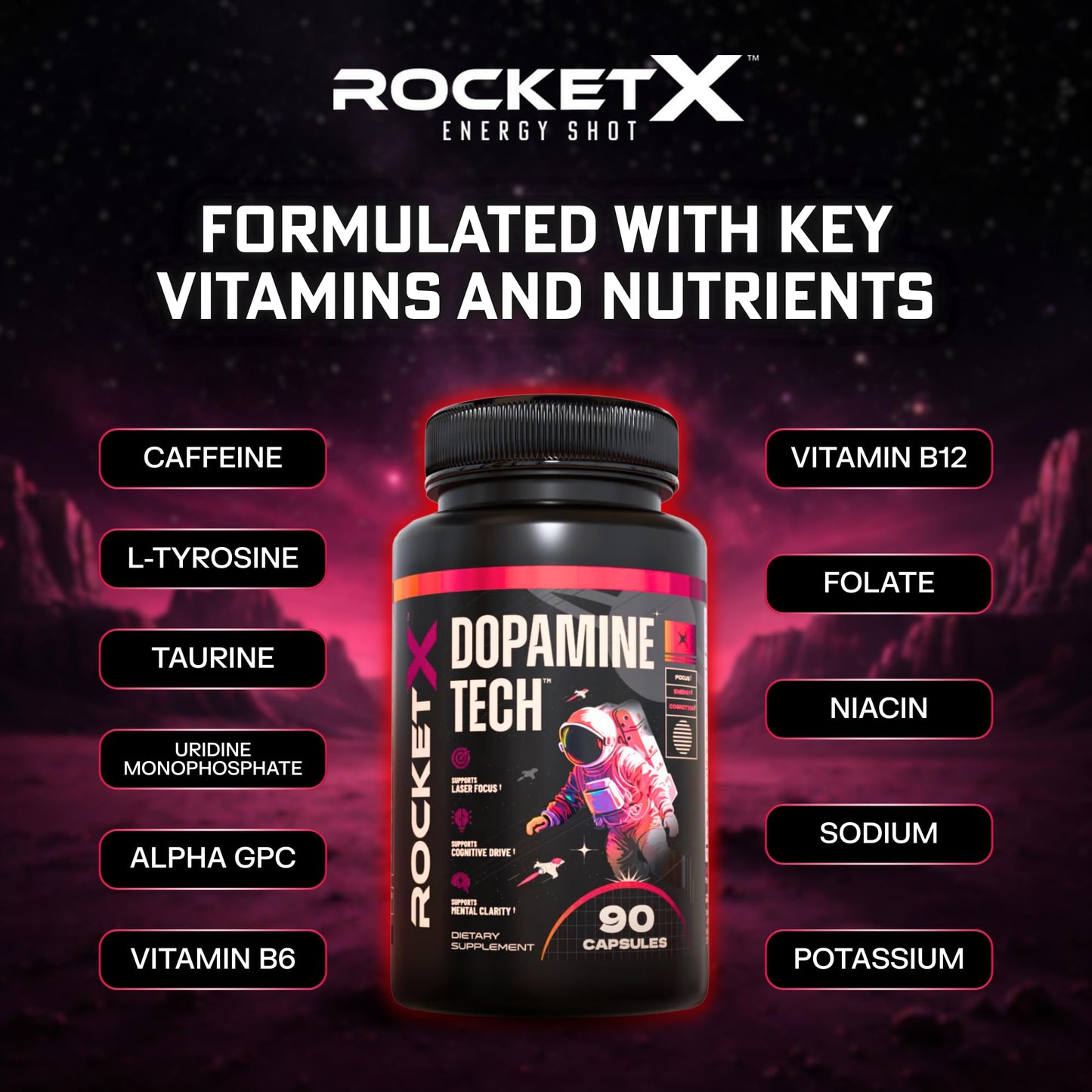 RocketX Dopamine Tech Brain Food Supplement, with L-Tyrosine and B Vitamins for Focus, Mental Clarity and Cognitive Drive, Vegan Capsules, 90 Capsules - dailyvitalstore