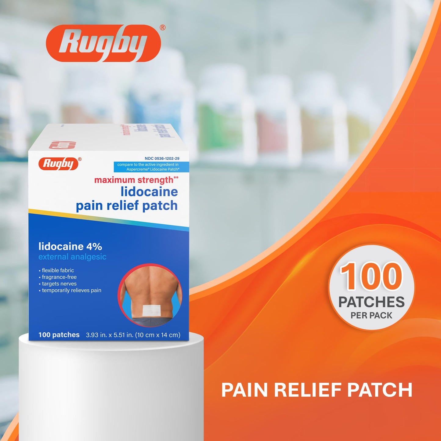 Rugby Maximum Strength 4% Lidocaine Pain Relief Patch- External Analgesic - Flexible Fabric, Fragrance-Free - Temporarily Relieves Pain - 100 Patches (10 cm x 14 cm Each) - dailyvitalstore