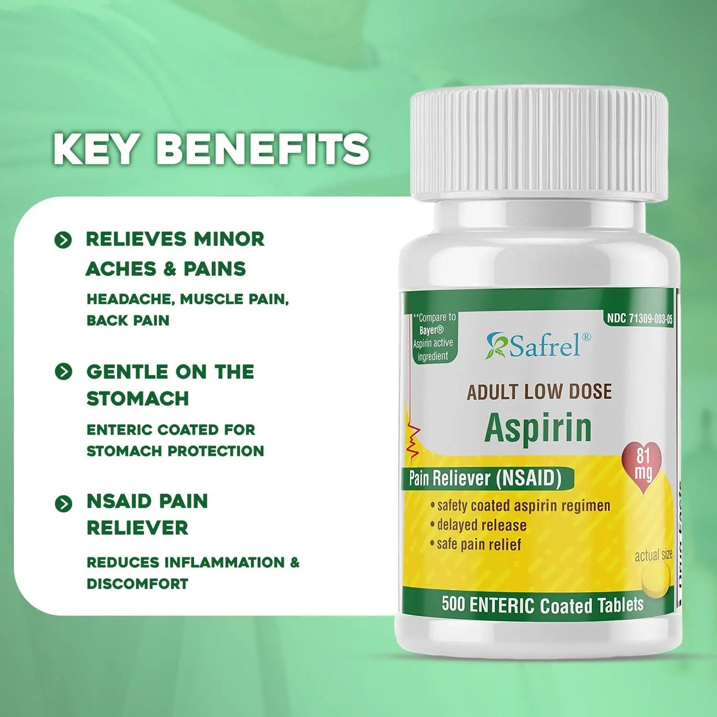 Safrel Generic Bayer Baby Aspirin 81 mg (500 Enteric Coated Tablets) | Adult Low Dose Strength Safe Pain Reliever (NSAID) for Minor Aches | Value Pack - dailyvitalstore