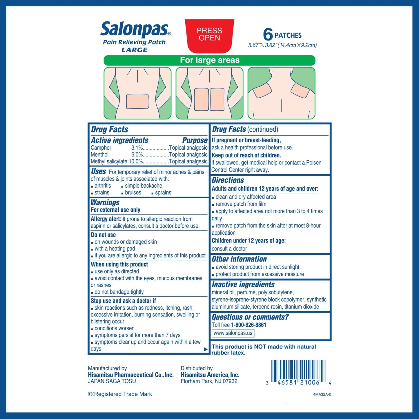 Salonpas Pain Relieving Patch, Large, 6 Count, for Back, Neck, Shoulder, Knee Pain and Muscle Soreness, 8 Hour Pain Relief - dailyvitalstore