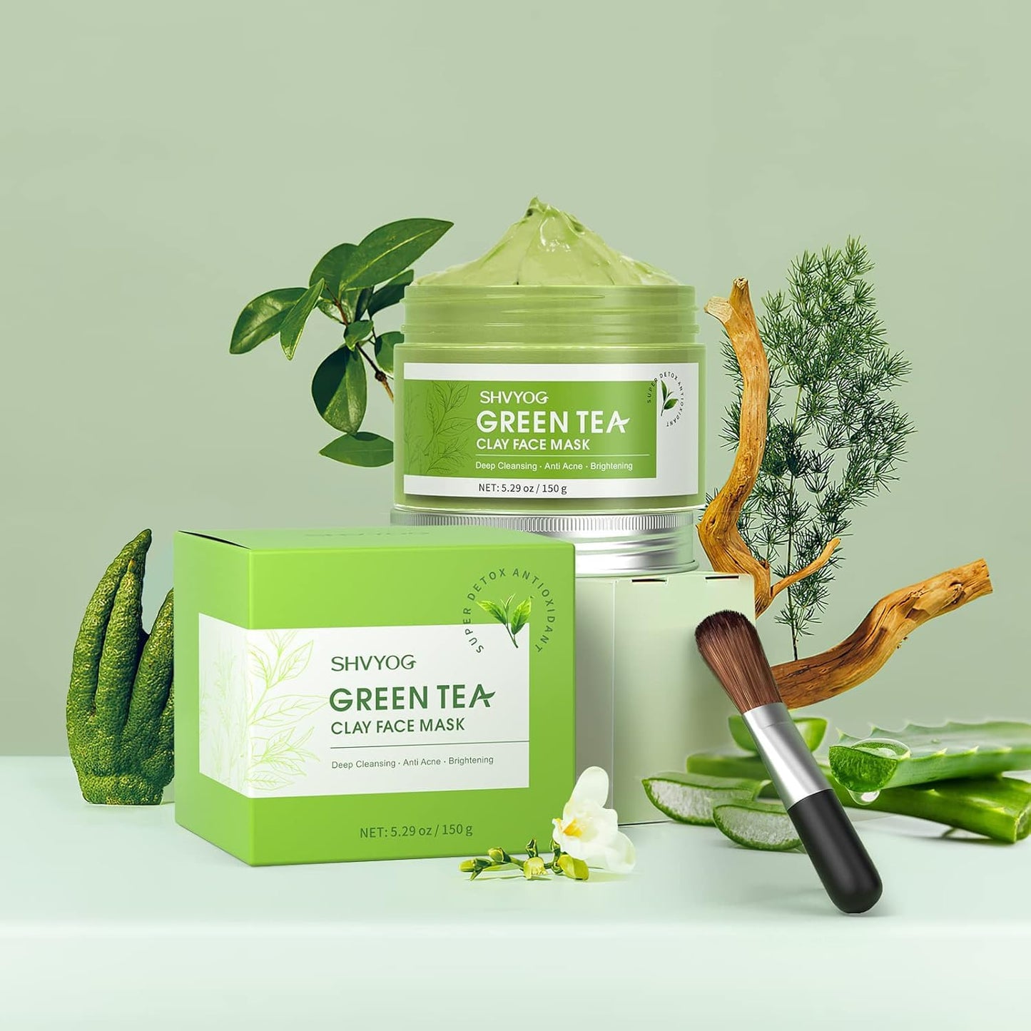 SHVYOG Green Tea Face Mask, Antioxidant Green Tea Clay Mask with Volcanic Mud, Deep Cleansing & Moisturizing & Hydrating Clay Facial Mask - dailyvitalstore