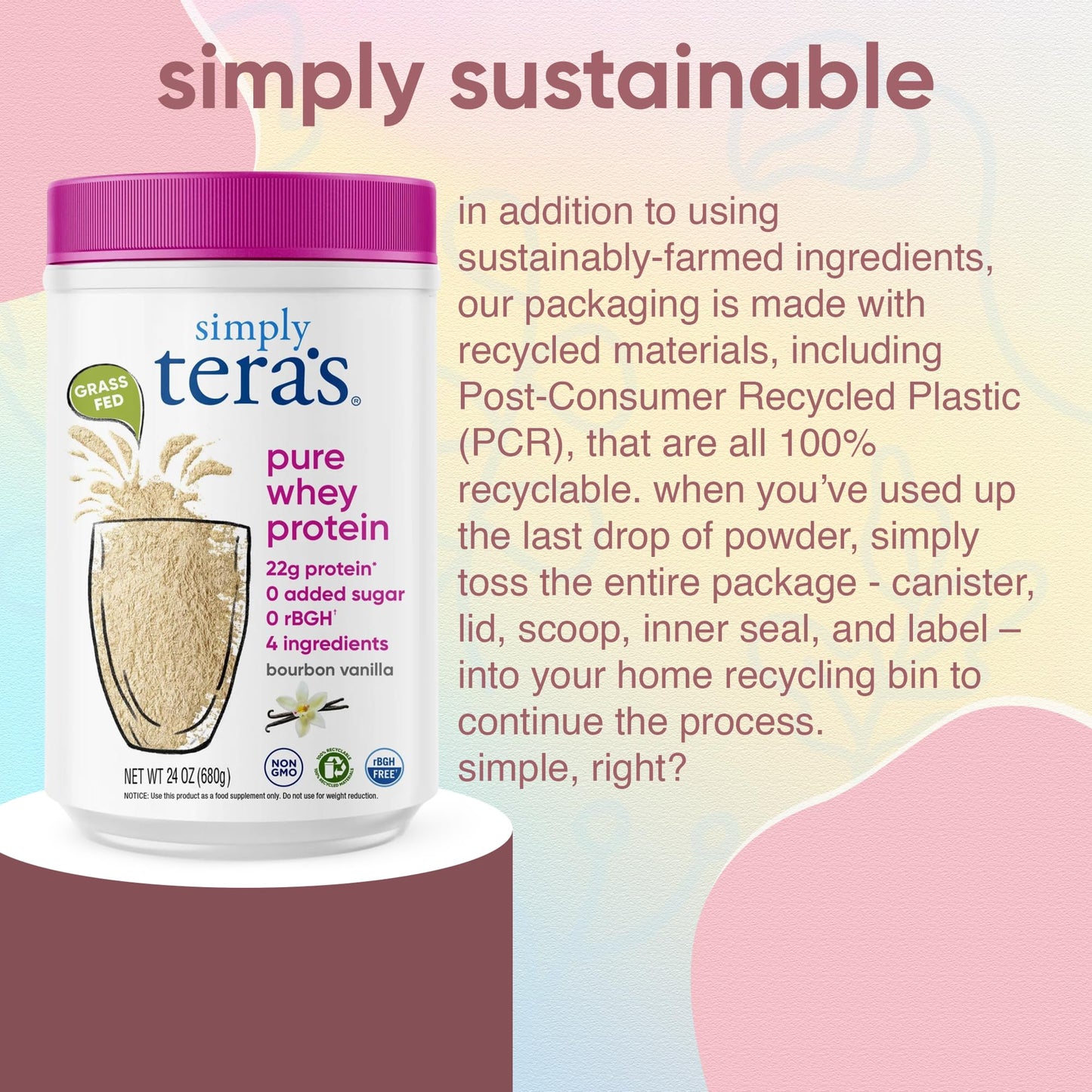 simply tera's Pure Whey Protein Powder - Grass Fed Vanilla Whey Protein Powder, Clean, Made Without Artificial Sweeteners, Non-GMO, Kosher, rBGH-Free, Soy-Free - 24 Oz - dailyvitalstore