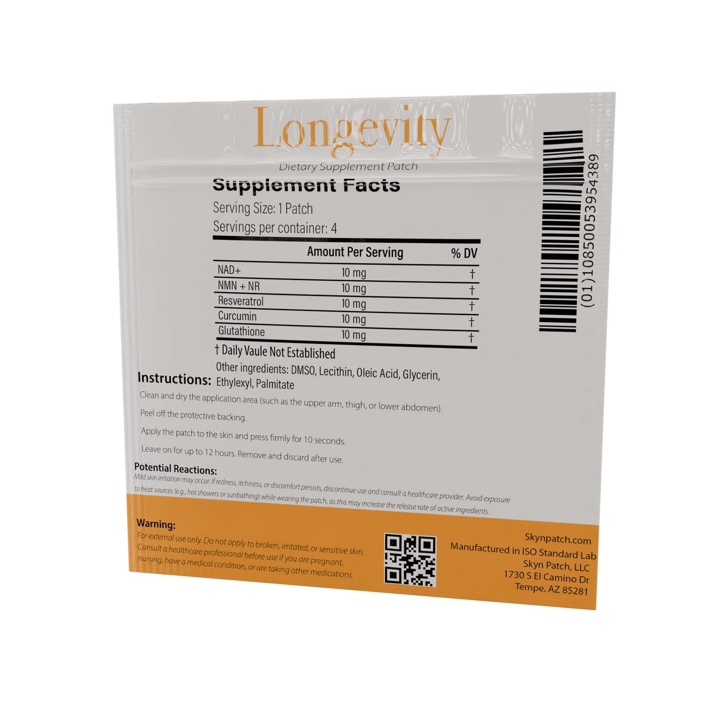 SkynPatch Longevity Transdermal Wellness Patch – NAD+, Resveratrol, Curcumin & Glutathione | Cellular Wellness + Antioxidant Support | 4 Patch Pack - dailyvitalstore