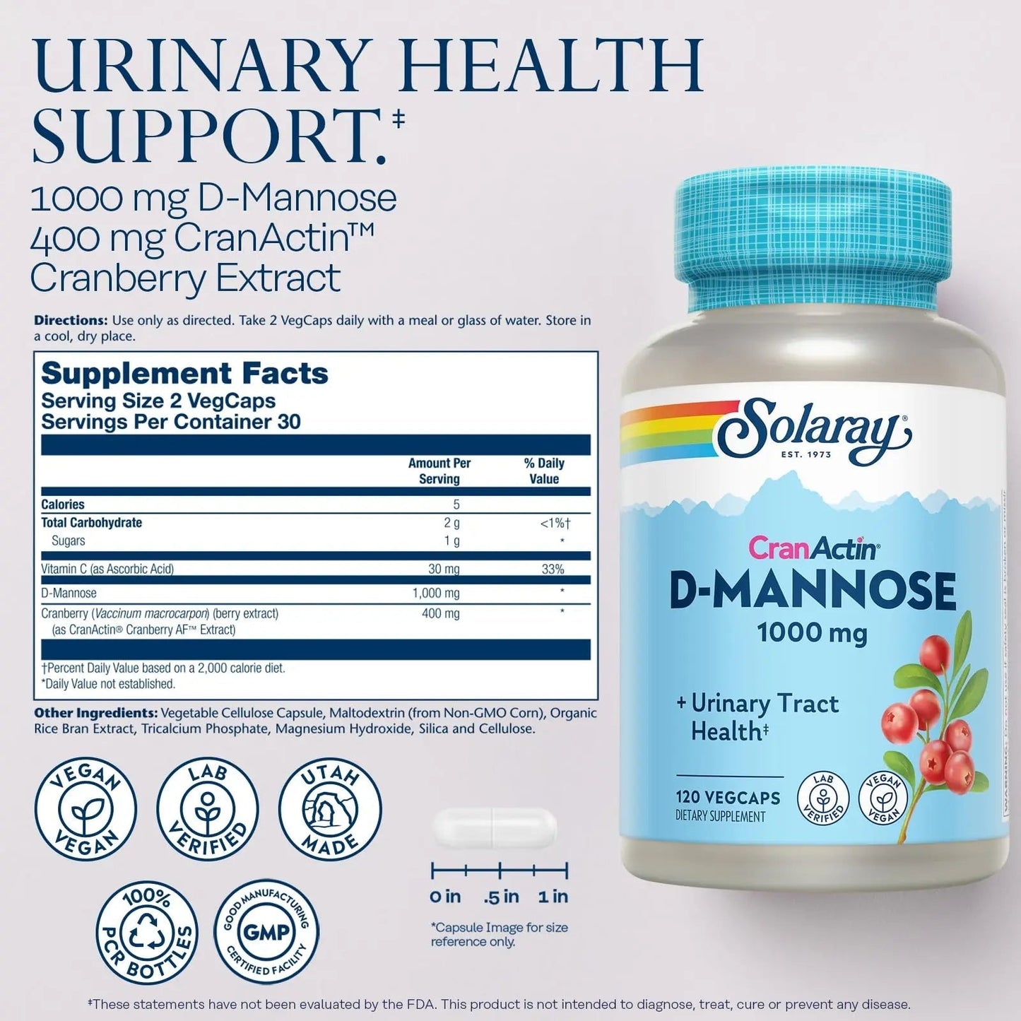 SOLARAY D-Mannose 1000mg with CranActin Cranberry Supplement 400mg, Urinary Tract Health & Bladder Support Capsules with Vitamin C, Vegan, 60 Day Guarantee, 60 Servings, 120 VegCaps (120 CT) - dailyvitalstore