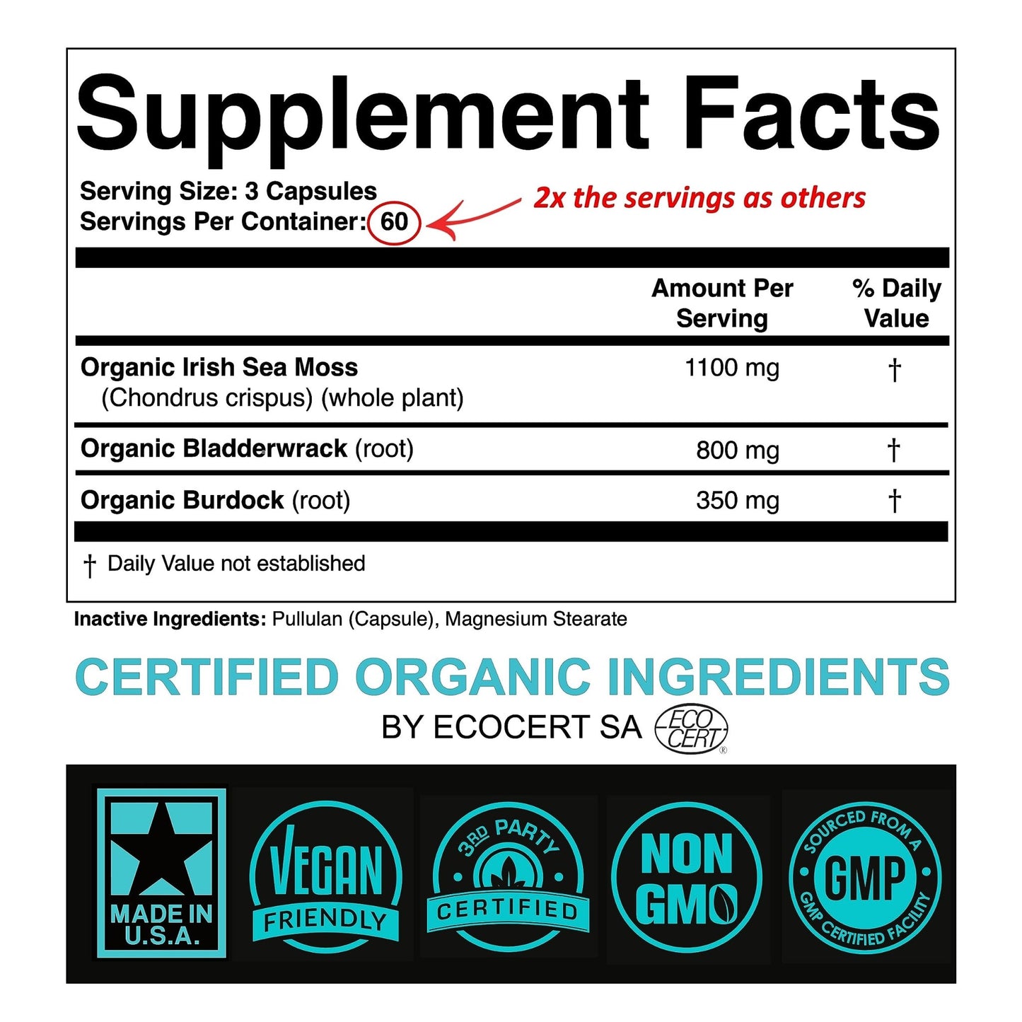 SPARTIS Certified Organic Sea Moss Capsules 2250mg Wildcrafted Irish Sea Moss Burdock Root Bladderwrack Supplement Raw Seamoss Pills & Powder (Pack of 1 at 180-Caps) - dailyvitalstore