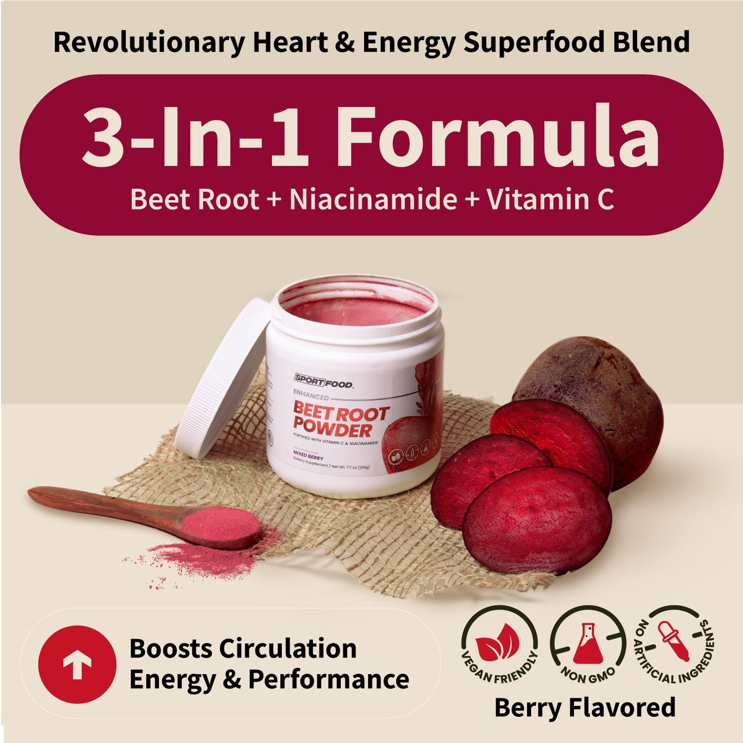 SPORTFOOD Beet Root Powder with Niacinamide & Vitamin C - Superfood for Circulation, Energy, & Stamina | Vegan, Non-GMO, Nitric Oxide Boost for Pre-Workout & Heart Health | Mixed Berry Flavor | 7.7oz - dailyvitalstore