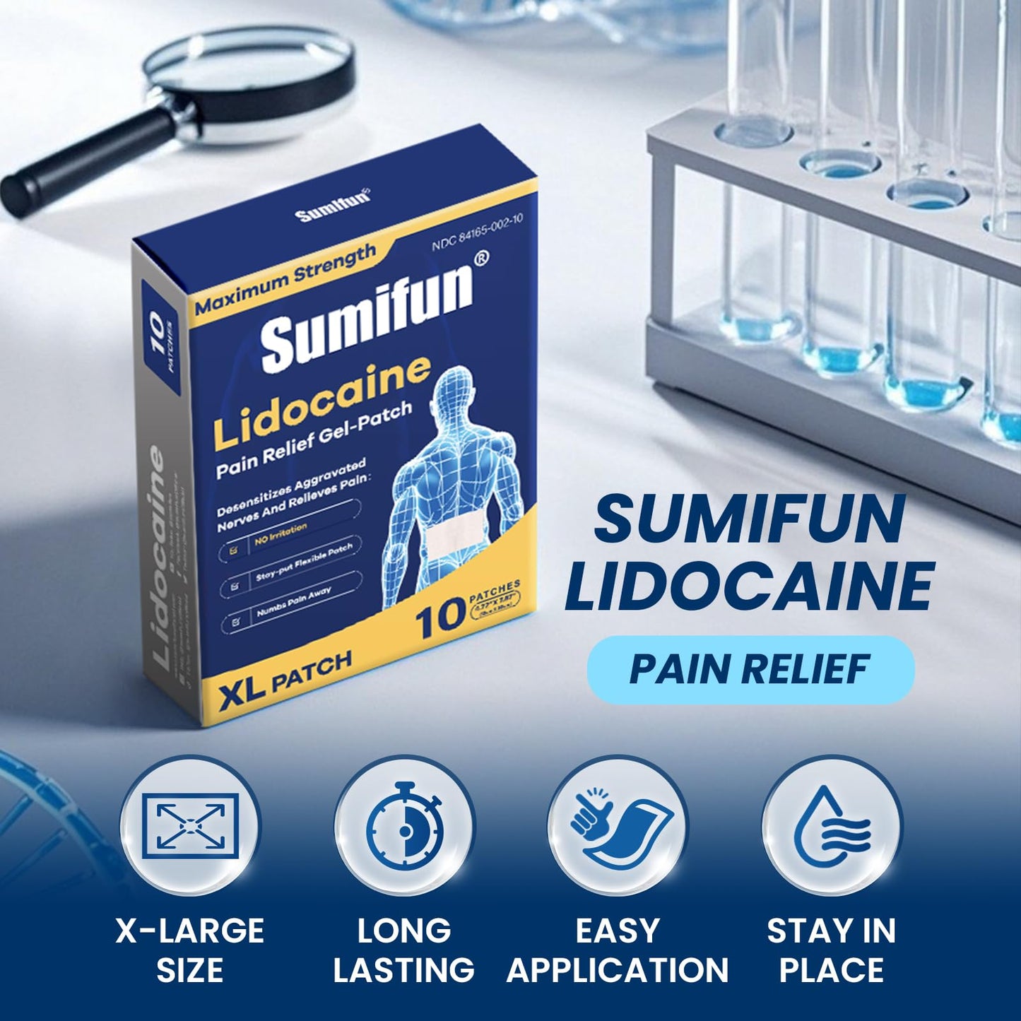 Sumifun 4% Lidocaine XL Pain Patches | Extra Large 4.72"x7.87" for Full Back & Thigh Coverage | Maximum Strength OTC Numbing | 8-Hour Medical Adhesion (X-Large, Count, 10) - dailyvitalstore
