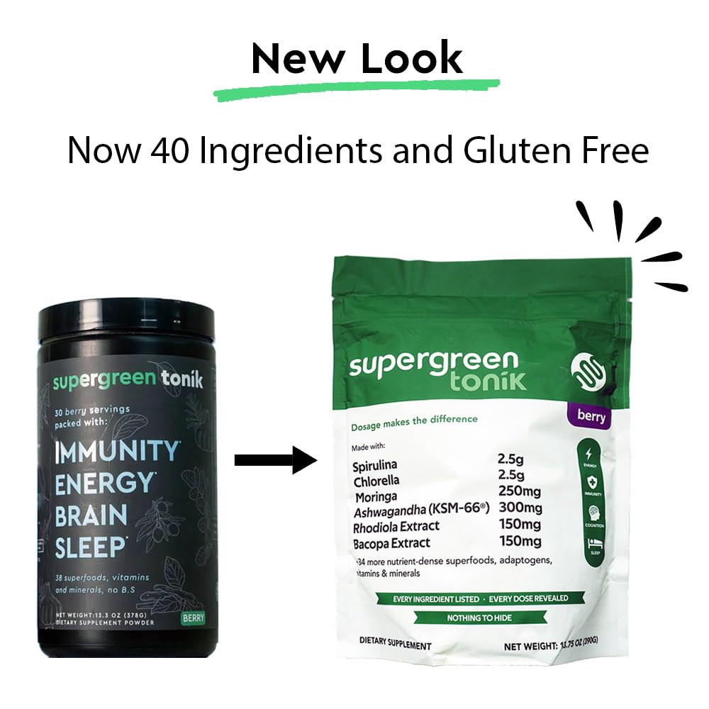 SUPERGREEN TONIK 100% Natural Greens Superfood Powder – Daily Supplement with 40 Superfoods, Vitamins and Minerals – Supports Energy, Stress and Immunity – 30 Days 360 Grams Berry Flavor (1 Bag) - dailyvitalstore