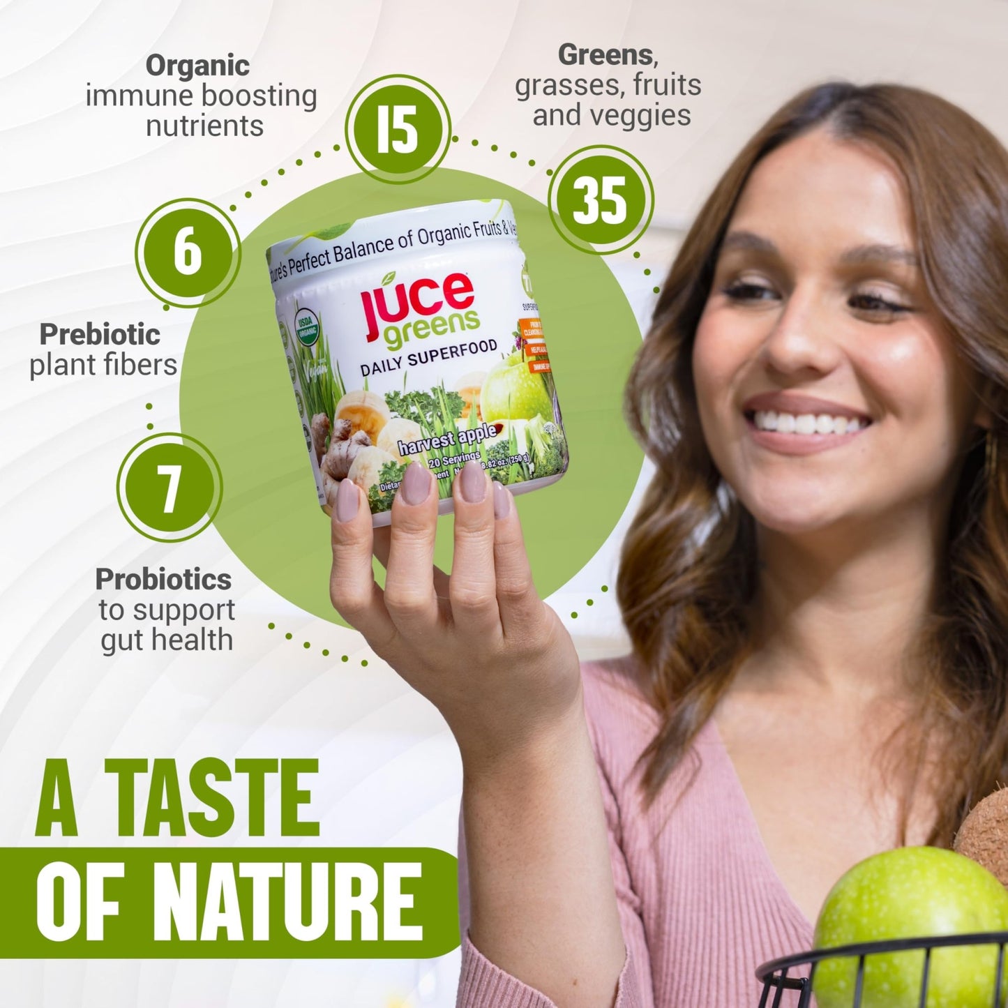 Terra Kai Organics JUCE Green Superfood Powder, Organic Fruits and Veggies Supplement W/ 77 Superfoods Plus Prebiotic Probiotic Blend, Harvest Apple Flavor - 20 Servings (250 g) - dailyvitalstore