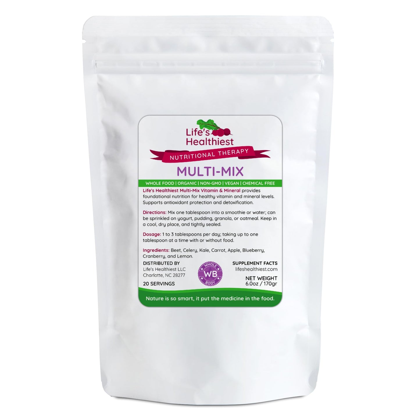 The Beet Lady Life's Healthiest Multi Mix Vitamin & Mineral Whole Food Therapy Blend with Real Fruit & Vegetables. Organic, Plant-Based, Non-GMO. 6 oz - dailyvitalstore