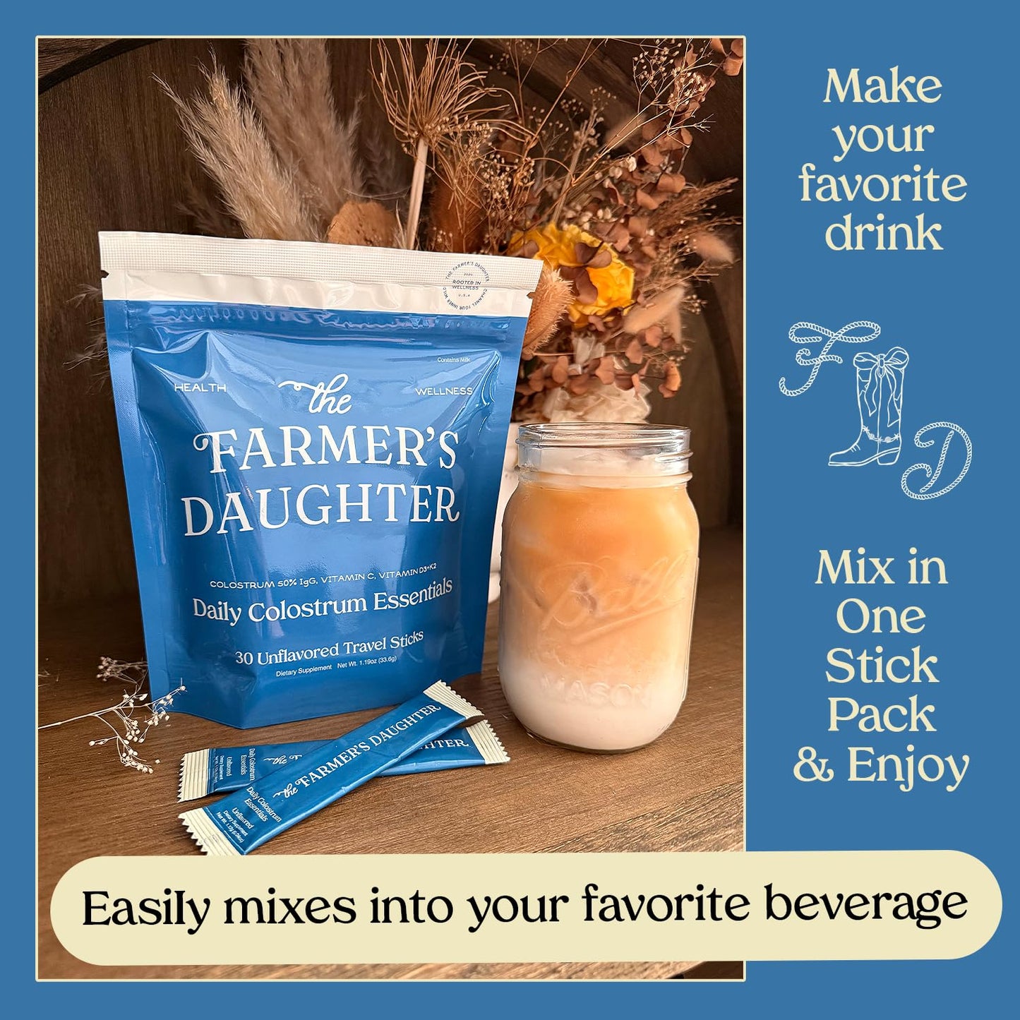 THE FARMER'S DAUGHTER Colostrum Powder | Unflavored | Gut Health & Bloating | Hair, Skin & Nails | Immunity Supplement | 30 Individual Travel Stick Packs - dailyvitalstore