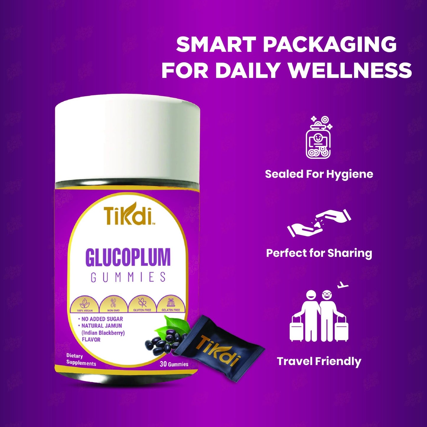 TIKDI GlucoPlum Gummy - 30 Count - Supports Healthy Blood Sugar Levels Already Within Normal Range. All Natural with Indian BlackBerry, Fenugreek, Cinnamon, Vegan, No Added Sugar - dailyvitalstore