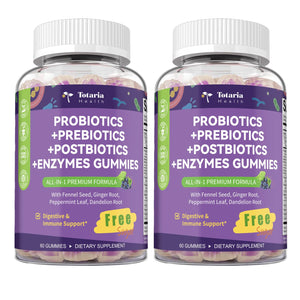 Totaria 2 PCS Sugar Free 5-in-1 Probiotic Prebiotic Postbiotic Gummy, 36 Strains Probiotics for Women Men with Digestive Enzymes, Peppermint, Complete Immune, Gut & Digestive Support, Grape Flavor - dailyvitalstore