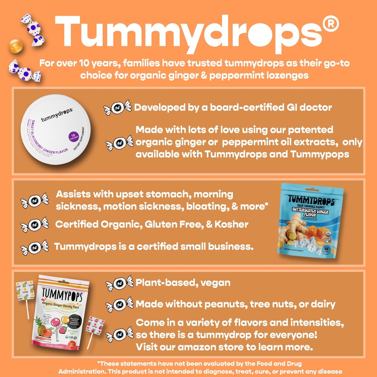 tummy drops No Sugar Crushed Peppermint Flavor, Gluten Free & Vegan, 33 Individually Wrapped Pure Peppermint Oil Lozenges Made with Organic Monkfruit - dailyvitalstore