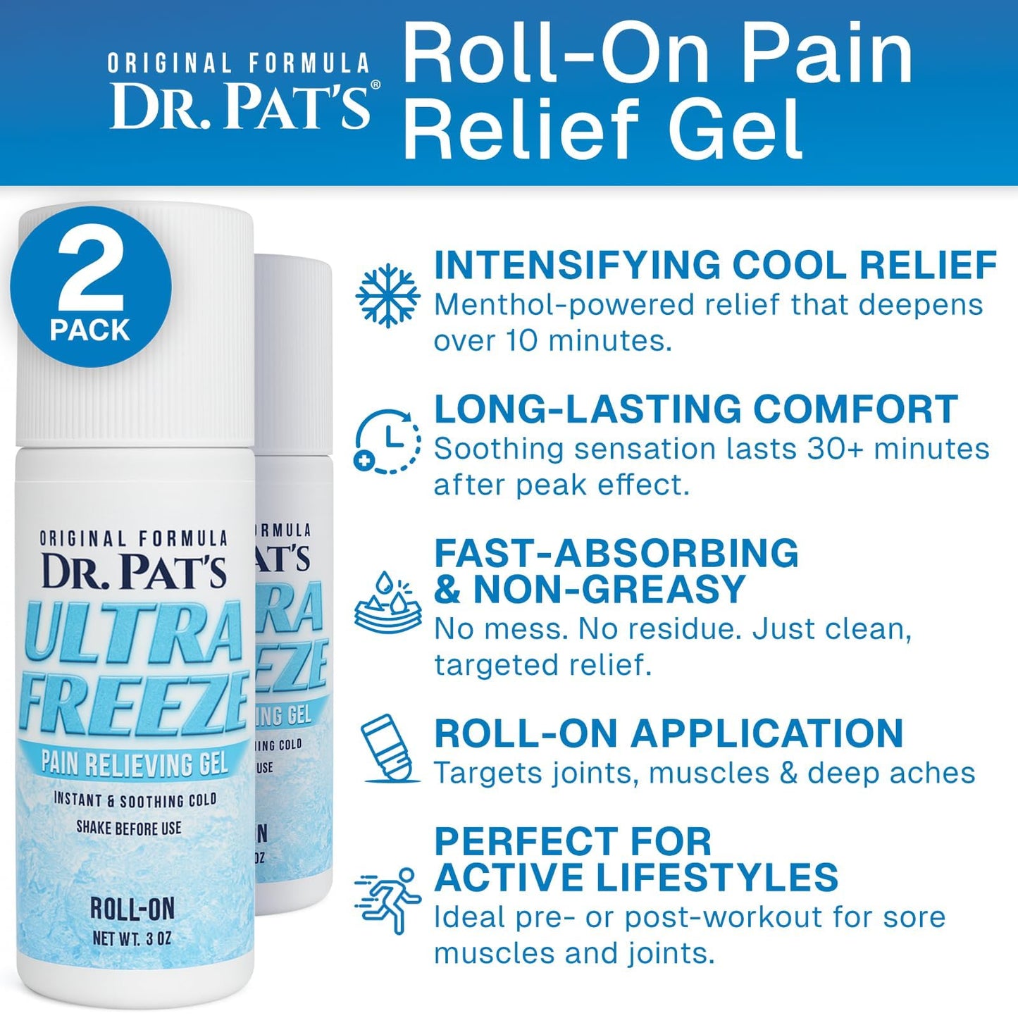 Ultra Freeze Roll-On Pain Relief Gel (3oz) - Joint & Muscle Therapy Rub for Arthritis, Neuropathy, Foot, and Joint - Cooling Topical Anti-Inflammatory (2 Pack) - dailyvitalstore
