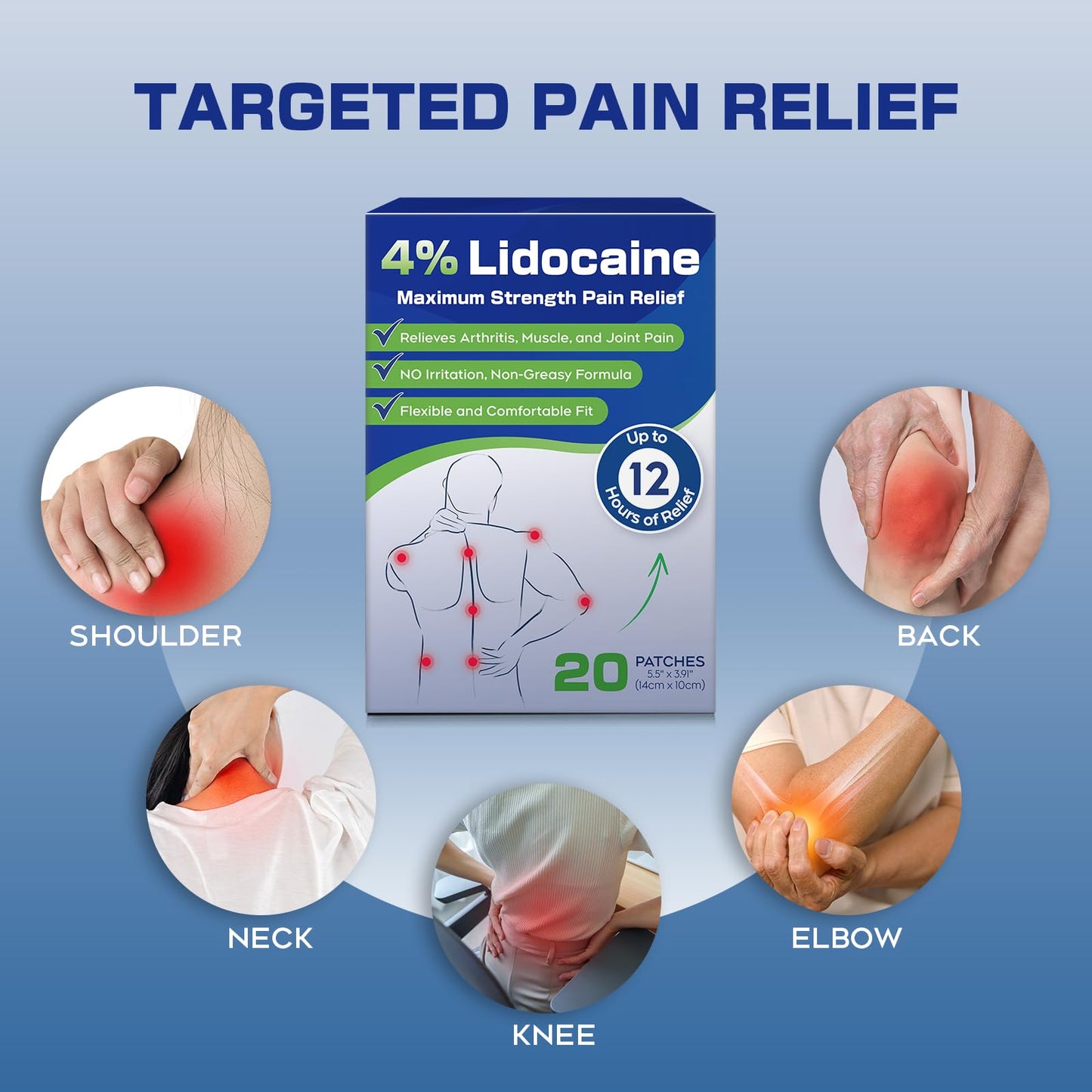 Uposiut 4% Lidocaine Patches - 20 Count Maximum Strength Lidocaine Patches, 10 Packs of 2 Patches for Muscle Pain Relief in The Neck, Shoulders, Back, Knees, and Anks, 12 Hour Pain Relief-012345 - dailyvitalstore