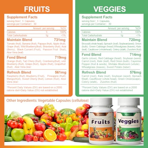 VBTOP Fruit & Vegetable Supplement - Natural Ingredients - 2 Bottles - 180 Capsules Total | A Blend of 20+19 Natural Whole Fruits & Vegetables, a Fresh superfood Formula Rich in Vitamins and Minerals - dailyvitalstore