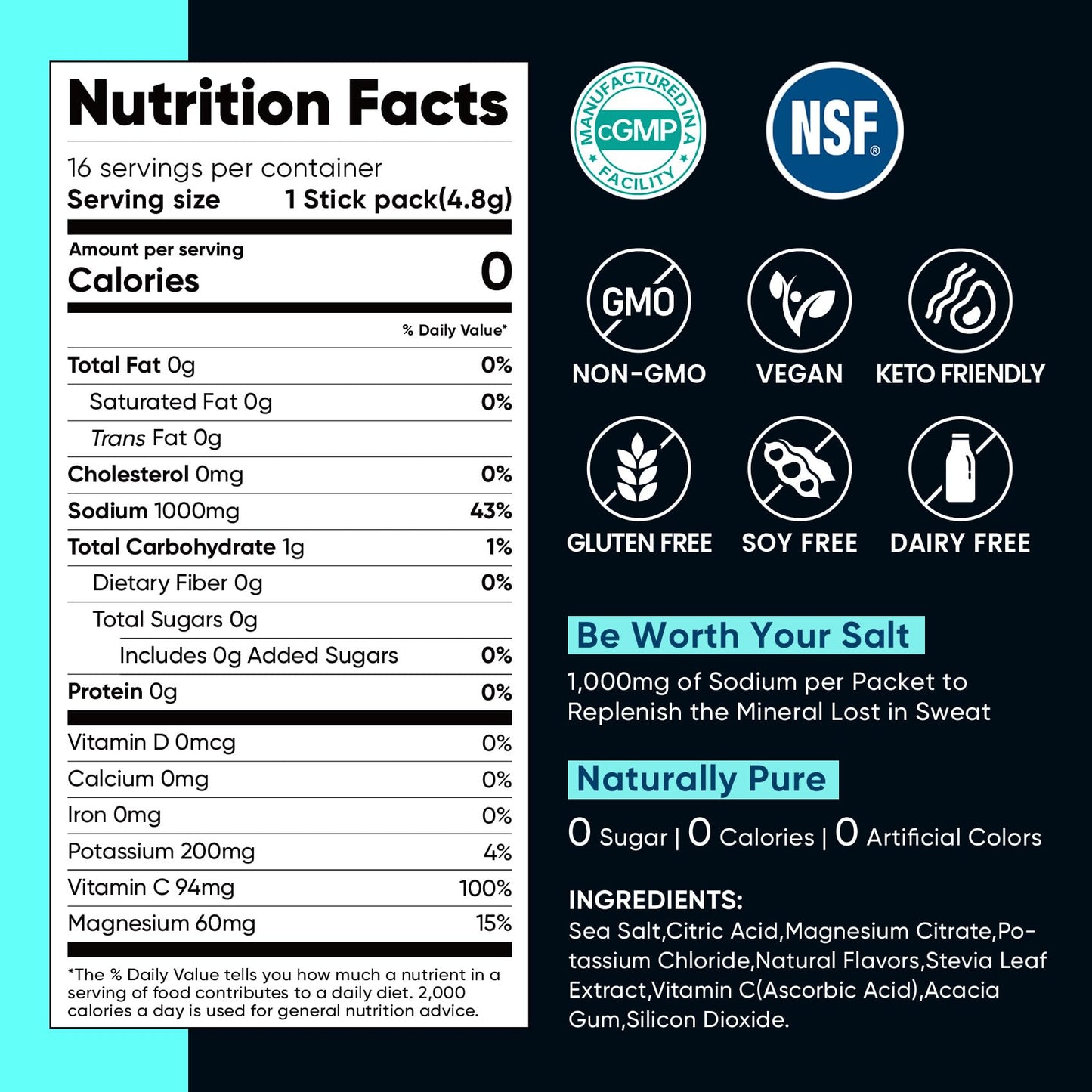 Venture Pal High Sodium Sugar Free Electrolytes Powder Packet, Zero Calories Hydration Packets with Vitamin, Sodium, Potassium & Magnesium, Electrolyte Drink Mix - dailyvitalstore