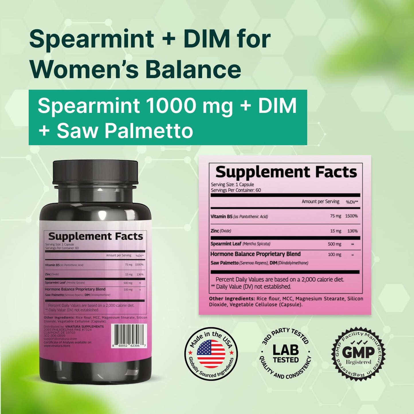 VINATURA Spearmint Leaf Capsules Supplement - Enhanced with DIM & Saw Palmetto, for Unwanted Hair, Women' Health & Skin *USA Made & Tested* - 1380mg/serving, 60 Capsules (30 Servings) - dailyvitalstore