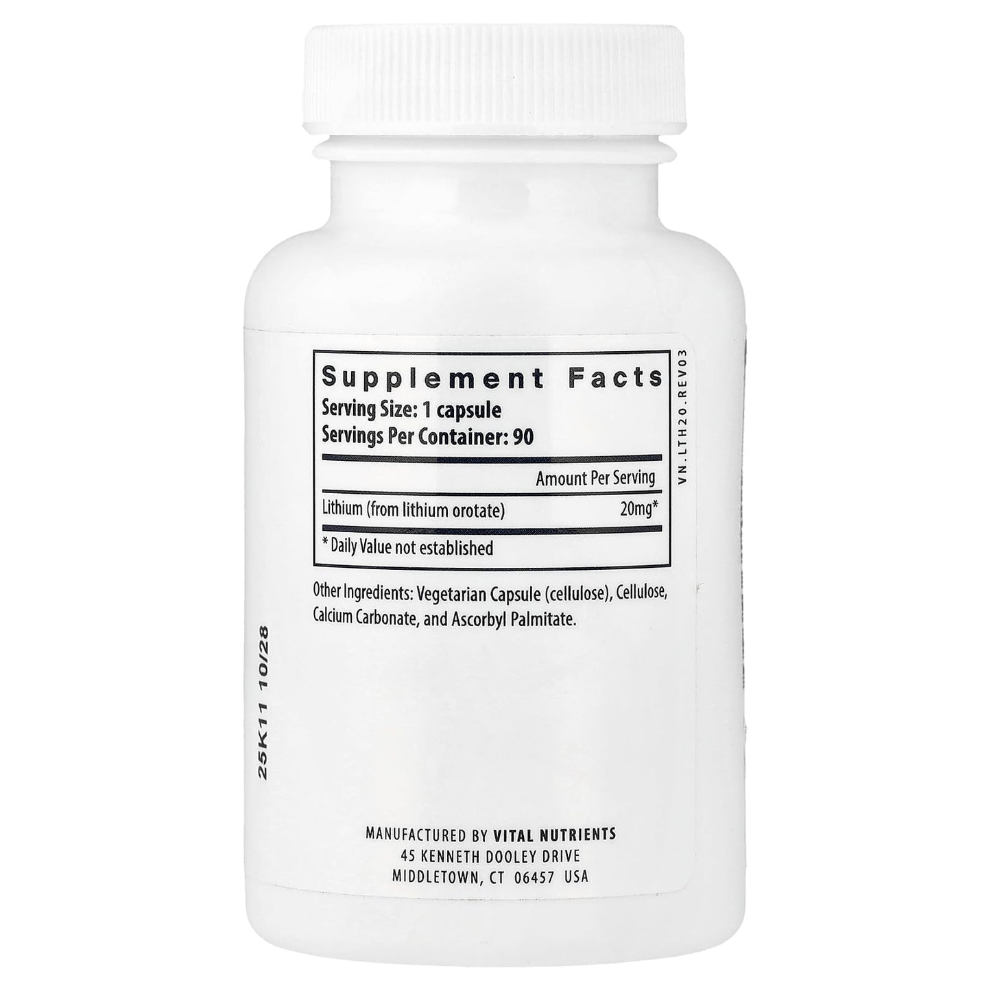 Vital Nutrients Lithium Orotate - Vegan Lithium Supplements for Memory, State of Mind, and Behavioral Health* - 20mg - Gluten, Dairy, Soy Free - 90 Capsules - dailyvitalstore