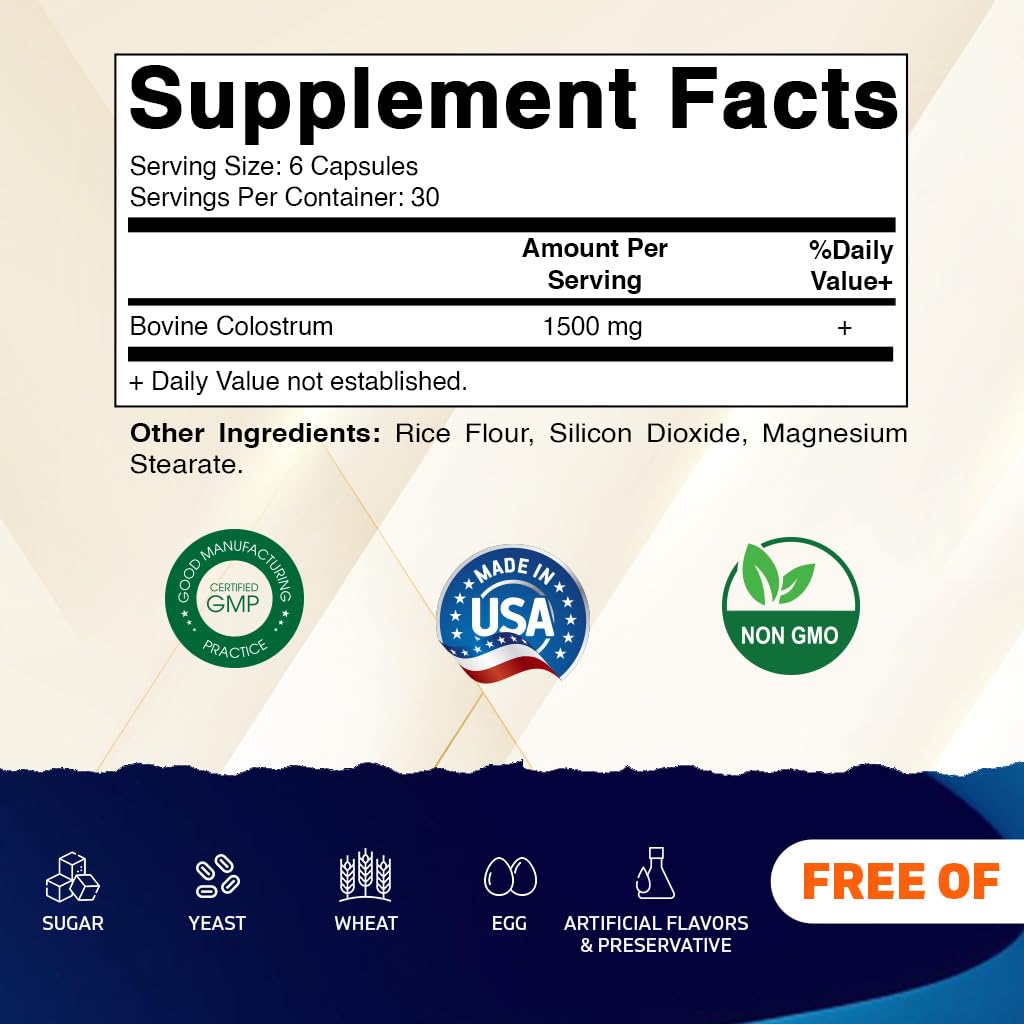 Vitamatic Bovine Colostrum 30% IgG Supplement 1500 mg per Serving - Supplement for Gut Health, Hair Growth, Beauty, Muscle Recovery, & Immune Support - 180 Veg Capsules - dailyvitalstore