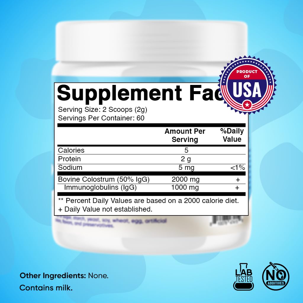 Vitamatic Bovine Colostrum Powder - 50% Highest IgG -120 Gram - Supplement for Gut Health, Hair Growth, Beauty, Muscle Recovery, & Immune Support - Easy to Mix - Unflavored - 60 Servings - dailyvitalstore