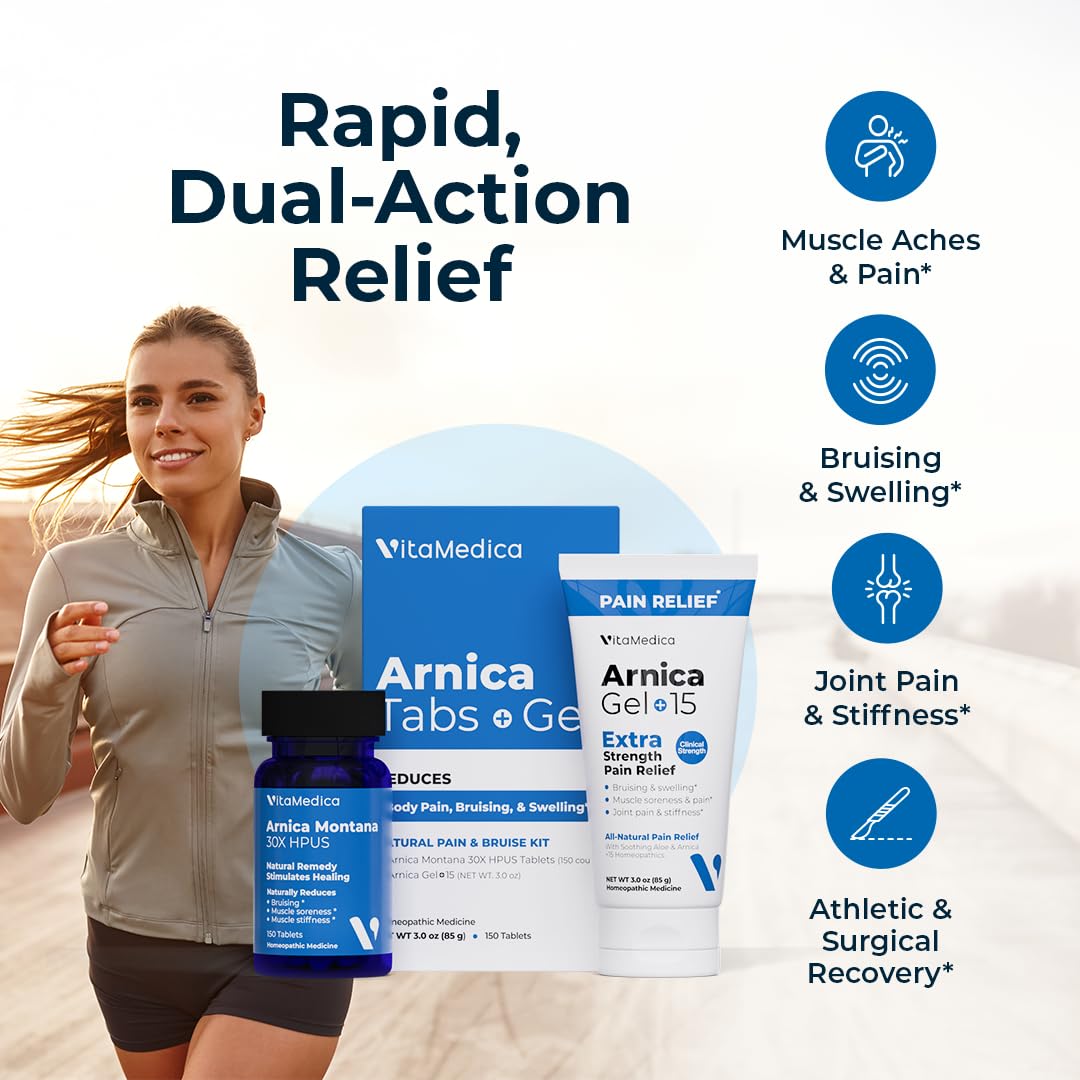 VitaMedica Arnica Montana Tablets & Arnica Gel Bundle – Support for Bruising, Swelling & Soreness, 150 Rapid-Dissolve Tablets + 3 oz Water-Based Gel - dailyvitalstore