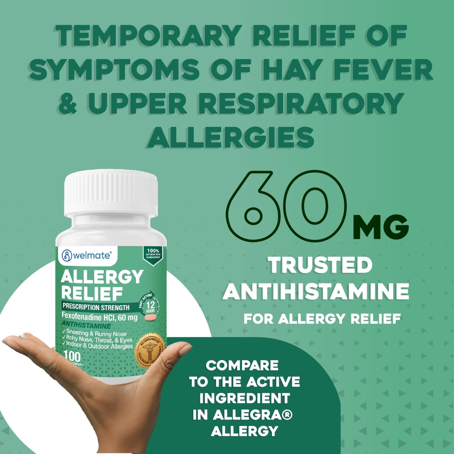 WELMATE - Fexofenadine Hydrochloride 60mg (100 Tablets) - Non Drowsy Allergy Medicine - 12 Hours - Antihistamine - Nose, Eyes, Throat - Generic Allergy Pills - Gluten Free, Over-the-Counter Medication - dailyvitalstore