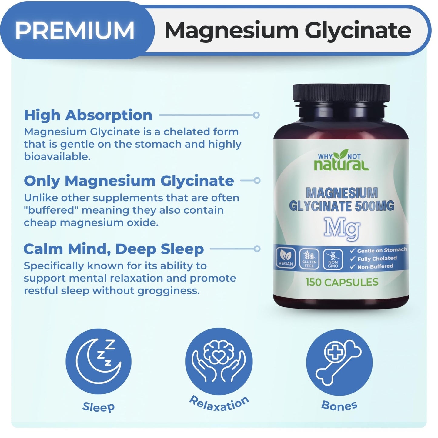 Why Not Natural Magnesium Glycinate 500 mg Capsules Supplement - Vegan, No Filler - Supports Sleep and Relaxation - dailyvitalstore