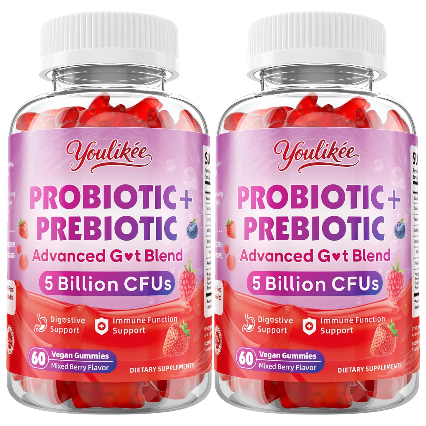 Youlikee 2 Pack Prebiotic + Probiotic Gummies for Women and Men, Probiotic Gummies Supports Gut Health, 5 Billion CFUs with Fibers, - dailyvitalstore