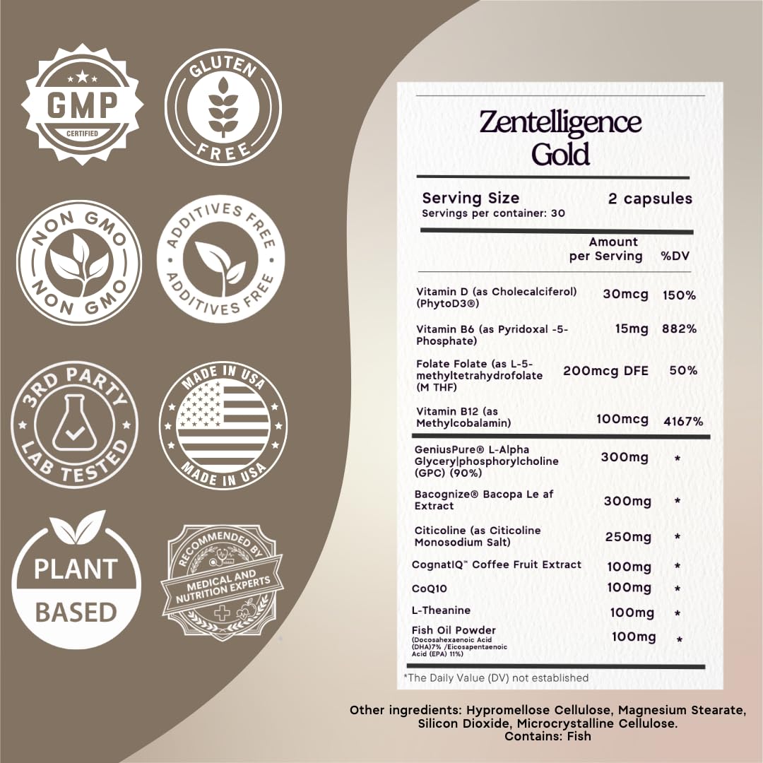 Zen Principle Zentelligence™ Gold Brain Supplement – Memory, Focus & Mental Clarity. Premium Cognitive Support for Adults 40+ with Magnesium, Vitamin D3, CoQ10, Vitamin B12 & L-Theanine. 60 Capsules - dailyvitalstore