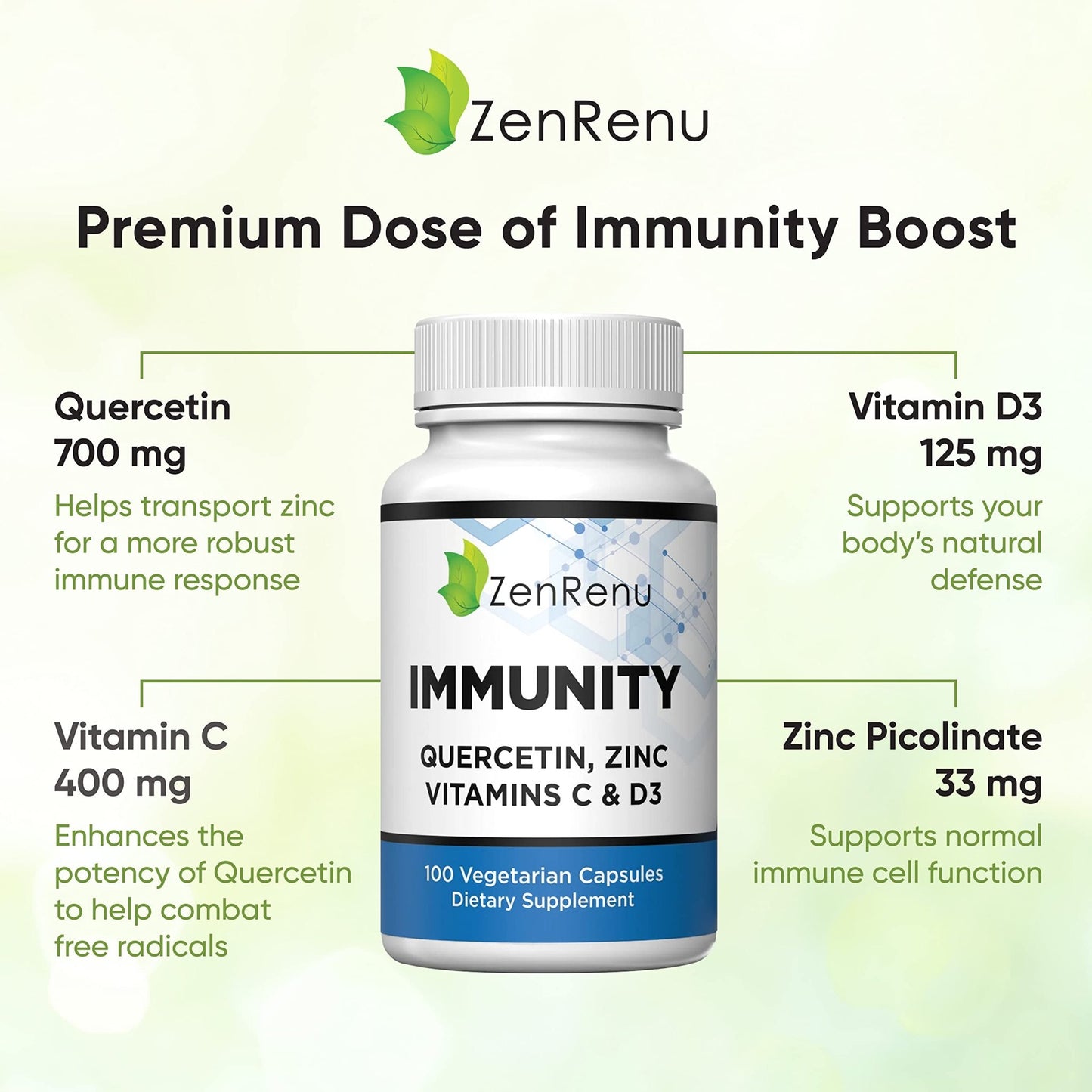 Zenrenu Immunity Quercetin 700 mg Zinc Vitamin C Vitamin D Immune Support Supplement with Curcumin - Easy to Absorb Immunity Supplement, 100 Vegetarian Capsules 50 Day Supply - dailyvitalstore