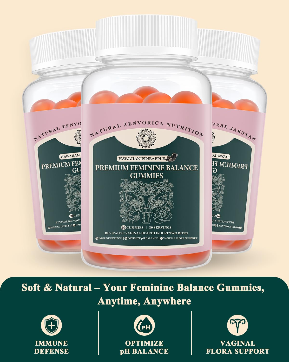 Zenvorica Premium Feminine Balance Gummies for Women - Hawaiian Pineapple pH Balance Probiotic Gummies for Odor and Flora Wellness, Immune Support, Vegan, 60 Count - dailyvitalstore