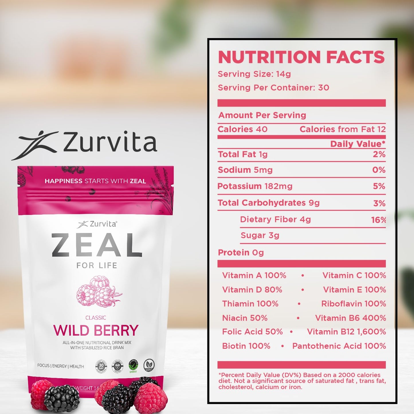 Zurvita - Zeal for Life 30-Day Wellness Bag - Wild Berry (Classic) - Nutritional Supplement for Vitality, Immunity, and Wellness - 420 Grams - dailyvitalstore