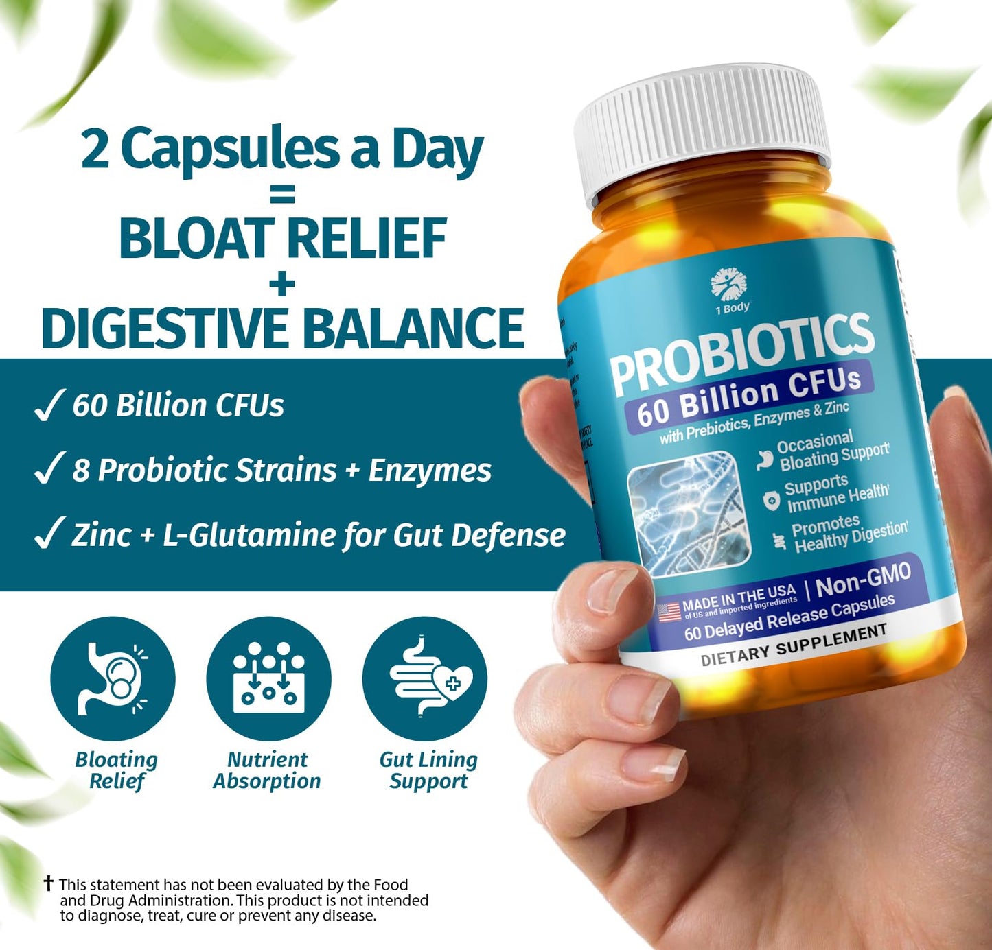 1 Body Probiotic 60 Billion for Men & Women, Gut Health Support with Prebiotics, Digestive Enzymes, Zinc & L-Glutamine, Non-GMO, 60 Vegan Capsules - dailyvitalstore