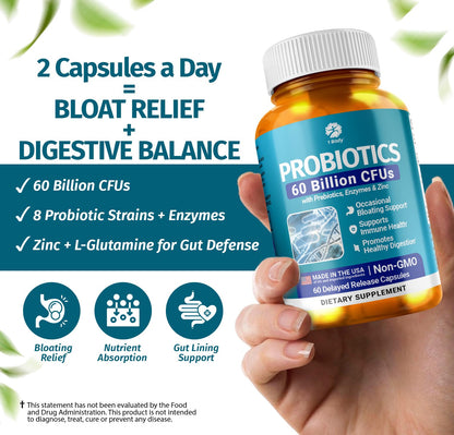 1 Body Probiotic 60 Billion for Men & Women, Gut Health Support with Prebiotics, Digestive Enzymes, Zinc & L-Glutamine, Non-GMO, 60 Vegan Capsules - dailyvitalstore
