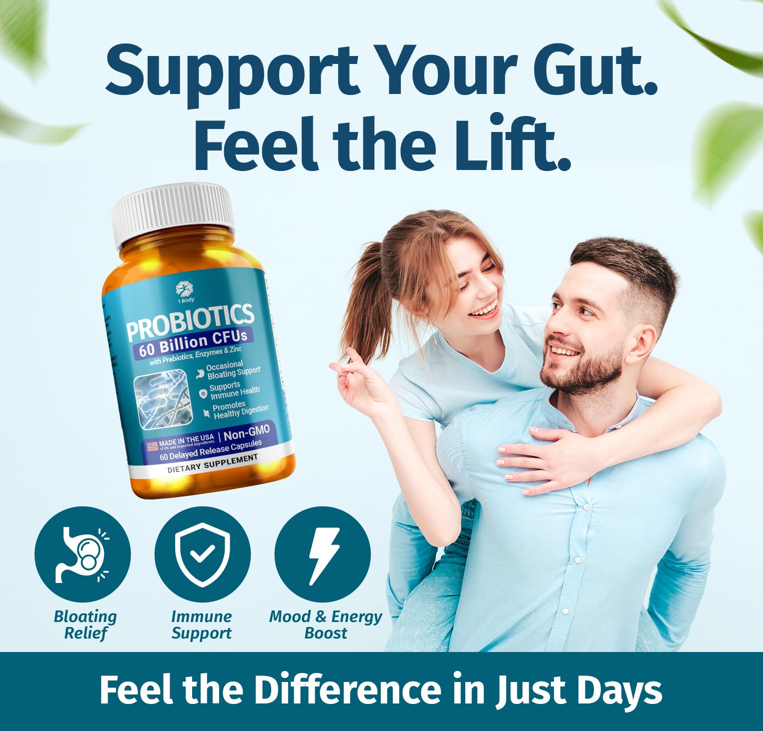 1 Body Probiotic 60 Billion for Men & Women, Gut Health Support with Prebiotics, Digestive Enzymes, Zinc & L-Glutamine, Non-GMO, 60 Vegan Capsules - dailyvitalstore