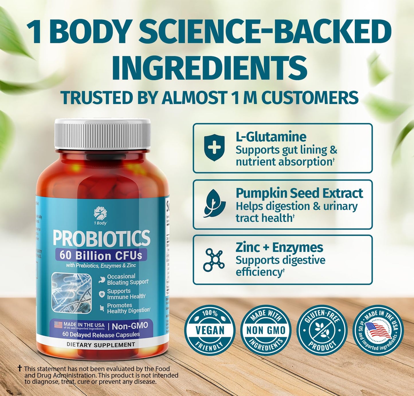 1 Body Probiotic 60 Billion for Men & Women, Gut Health Support with Prebiotics, Digestive Enzymes, Zinc & L-Glutamine, Non-GMO, 60 Vegan Capsules - dailyvitalstore