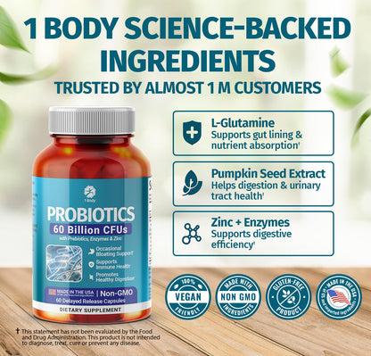 1 Body Probiotic 60 Billion for Men & Women, Gut Health Support with Prebiotics, Digestive Enzymes, Zinc & L-Glutamine, Non-GMO, 60 Vegan Capsules - dailyvitalstore