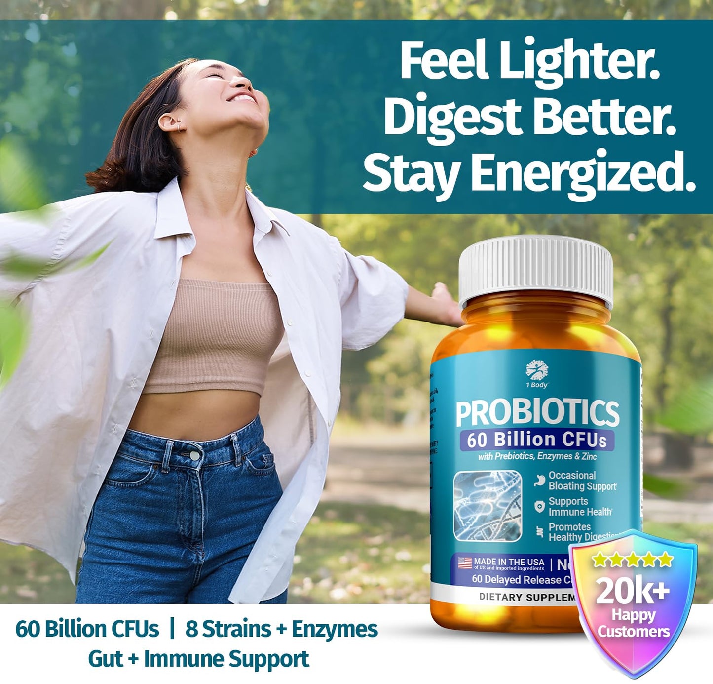 1 Body Probiotic 60 Billion for Men & Women, Gut Health Support with Prebiotics, Digestive Enzymes, Zinc & L-Glutamine, Non-GMO, 60 Vegan Capsules - dailyvitalstore