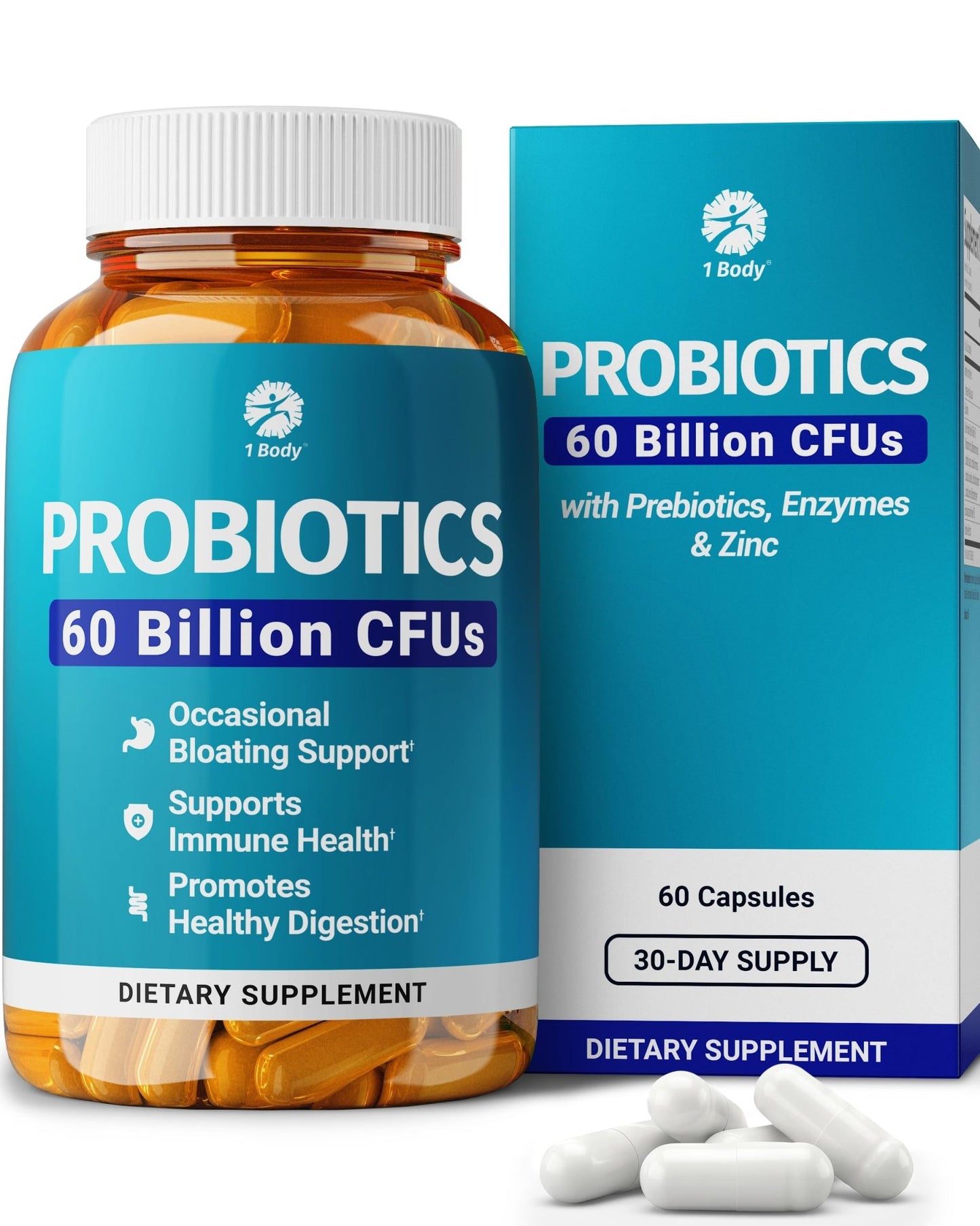 1 Body Probiotic 60 Billion for Men & Women, Gut Health Support with Prebiotics, Digestive Enzymes, Zinc & L-Glutamine, Non-GMO, 60 Vegan Capsules - dailyvitalstore