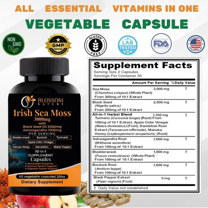 10-in-1 Irish Sea Moss Veggie Caps 3000mg Black Seed Oil Ashwagandha Bladderwrack Burdock Turmeric Apple Cider Vinegar Manuka Honey Dandelion Black Pepper - Made in US(Veggie Caps, Unflavored) - dailyvitalstore