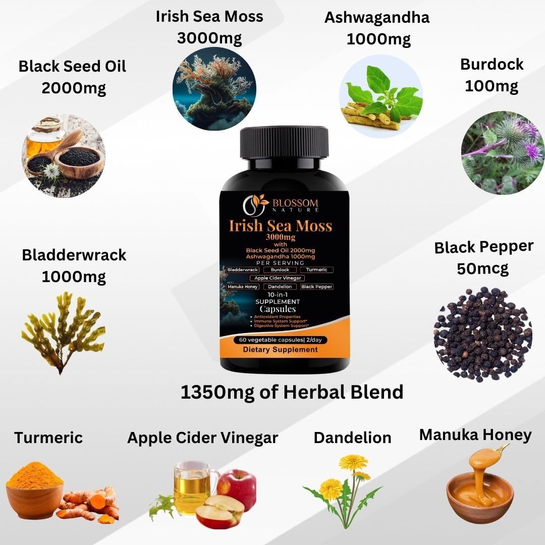 10-in-1 Irish Sea Moss Veggie Caps 3000mg Black Seed Oil Ashwagandha Bladderwrack Burdock Turmeric Apple Cider Vinegar Manuka Honey Dandelion Black Pepper - Made in US(Veggie Caps, Unflavored) - dailyvitalstore