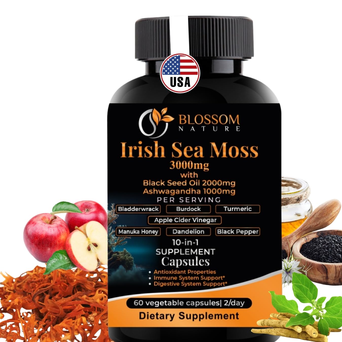 10-in-1 Irish Sea Moss Veggie Caps 3000mg Black Seed Oil Ashwagandha Bladderwrack Burdock Turmeric Apple Cider Vinegar Manuka Honey Dandelion Black Pepper - Made in US(Veggie Caps, Unflavored) - dailyvitalstore