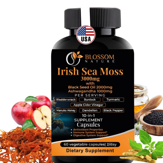 10-in-1 Irish Sea Moss Veggie Caps 3000mg Black Seed Oil Ashwagandha Bladderwrack Burdock Turmeric Apple Cider Vinegar Manuka Honey Dandelion Black Pepper - Made in US(Veggie Caps, Unflavored) - dailyvitalstore