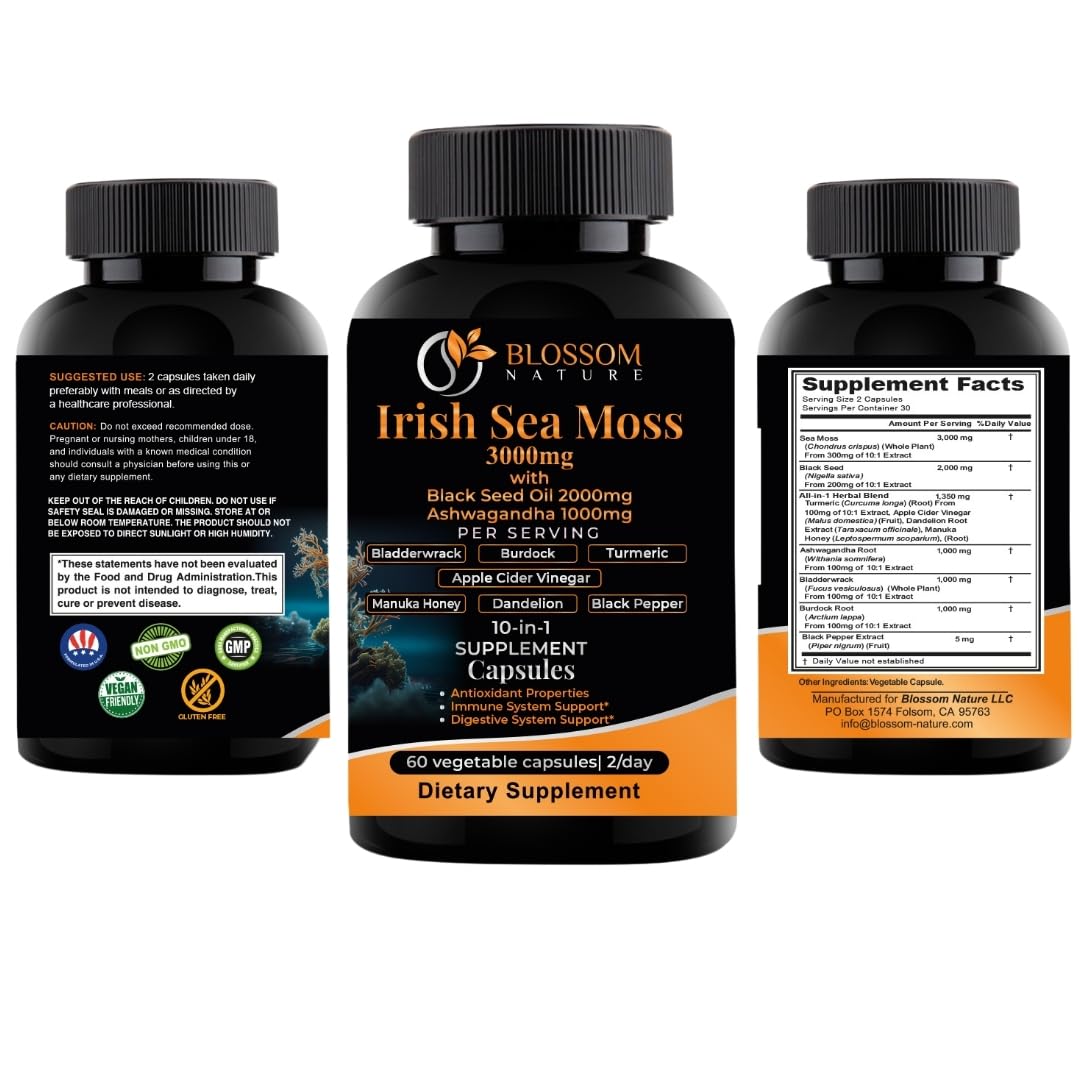 10-in-1 Irish Sea Moss Veggie Caps 3000mg Black Seed Oil Ashwagandha Bladderwrack Burdock Turmeric Apple Cider Vinegar Manuka Honey Dandelion Black Pepper - Made in US(Veggie Caps, Unflavored) - dailyvitalstore