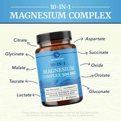 10 in 1 Magnesium Complex Supplement 500MG | Magnesium Citrate, Mag Glycinate, Malate & More | High Absorption Mag Complex with Vitamin B6 | Bone, Muscle & Heart Health Support | Non-GMO | 60 Ct. - dailyvitalstore
